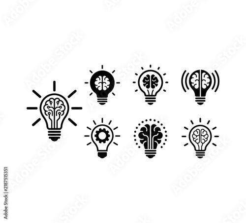 Brain light bulb icons set representing creative thinking artificial intelligence and ideas.