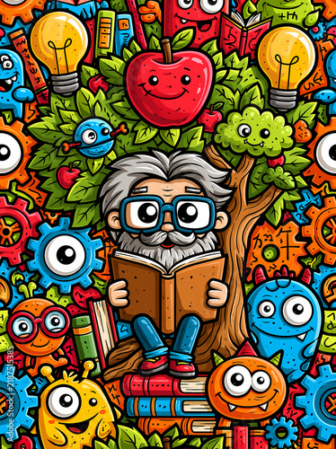 Old man with gray hair and glasses reads book under apple tree surrounded by colorful gears monsters and light bulbs
