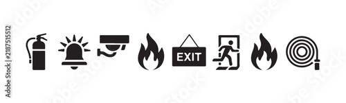 Set of fire safety equipment icons including extinguisher alarm camera fire exit running person hose.