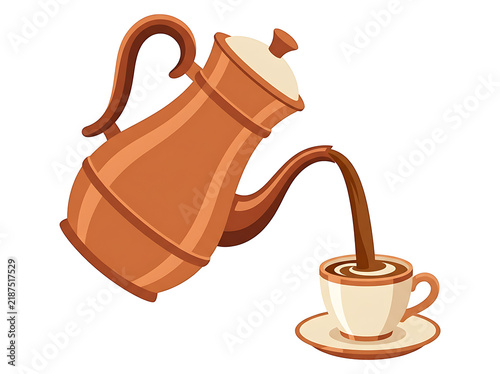 Illustration of coffee being poured from a traditional copper coffee pot transparent background