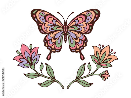 Colorful Butterfly Surrounded By Beautiful Floral Design Elements transparent background