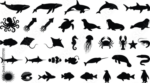 Collection of marine life silhouettes including whales, dolphins, sharks, octopuses, and sea creatures on a plain white background