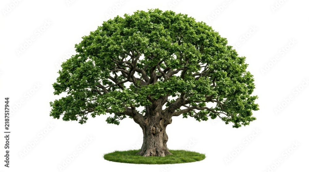 Obraz premium Large Majestic Oak Tree with Lush Green Foliage Isolated on White Background for Nature and Environment Concepts