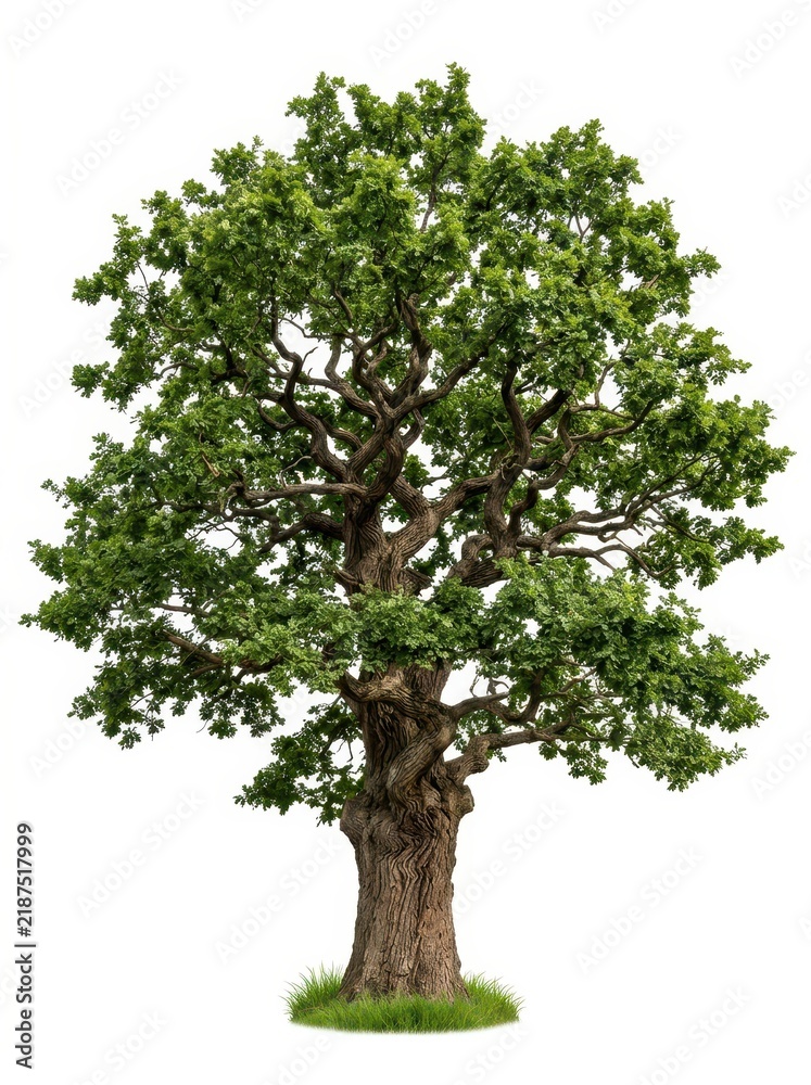 Obraz premium Majestic Old Oak Tree with Lush Green Foliage Isolated on White Background for Nature and Environment Design