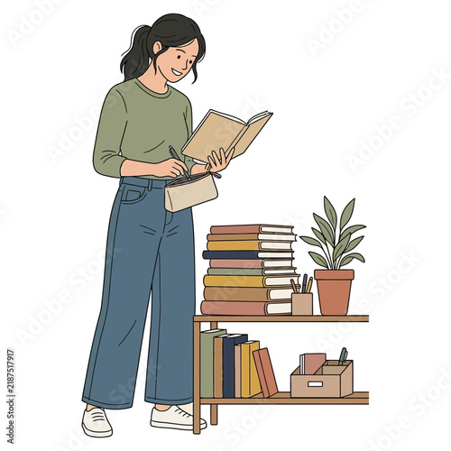 A young woman reads and writes in a notebook, surrounded by books on shelves, in a calm and focused moment of study