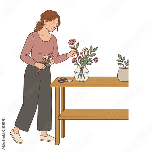 Young woman arranging flowers in a vase on a wooden table, florist working or enjoying creative hobby, vector flat illustration