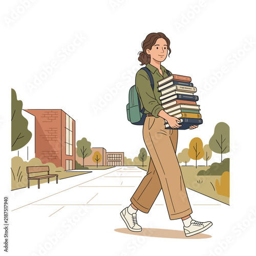 Young female student carrying a stack of books and wearing a backpack while walking on a university campus