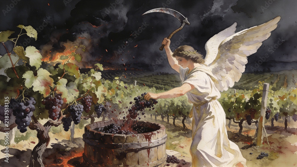 Fototapeta premium Angel with sickle harvesting grapes into wine vat in vineyard. Biblical apocalypse scene depicting Revelation harvest of earth. End time prophecy and divine judgment artistic illustration.