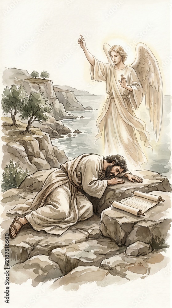 Fototapeta premium Biblical angel appearing to a man prophet kneeling on rock with scroll. Revelation vision of apocalypse. Spiritual encounter and divine prophecy. Religious art of celestial messenger.
