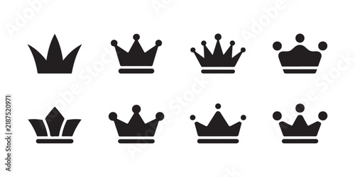 Фотография Minimalist black crown vectors with different peak styles on transparent grid for clean modern branding