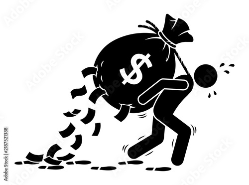 Person struggling under enormous heavy debt money bag on their back. Flat black silhouette of debt burden, financial hardship, credit overload concept. Vector art.
