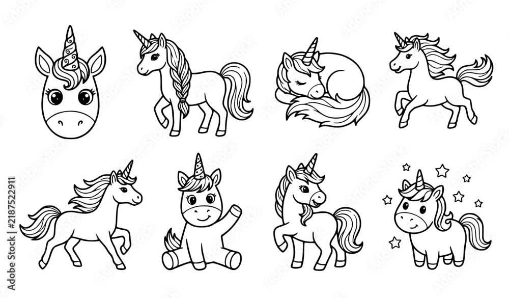 Obraz premium Fantasy Unicorn Cartoon Coloring Page Black White Vector Collection