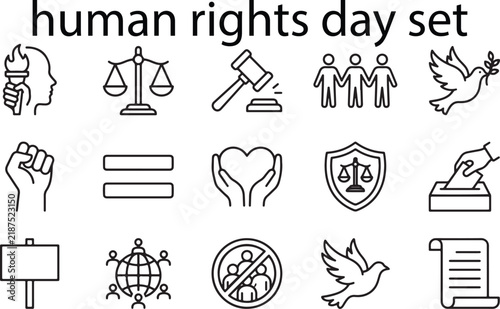 Foto Human Rights Day Outline Icon Set: Justice Scales, Equality, Peace Dove, Freedom