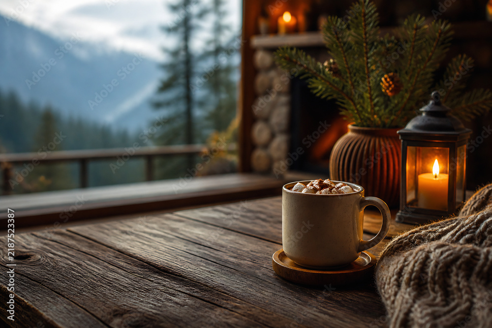 Obraz premium A mug of hot chocolate sits on a rustic wooden table indoors with a view of mountains outside.