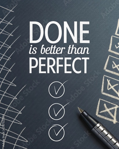 Inspirational quote done is better than perfect on a dark background with checkmarks and a pen perfect for motivational content and self improvement themes