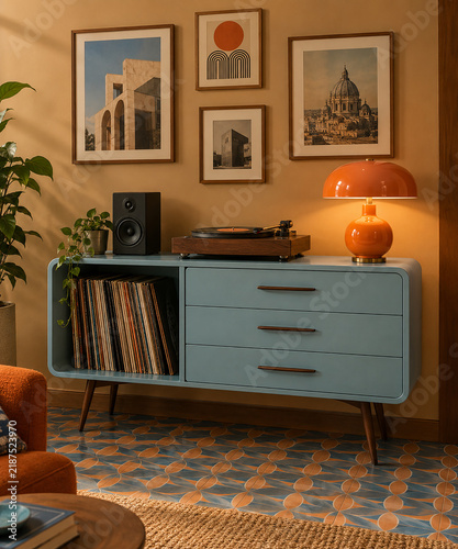 Sky Blue Mid-Century Modern Vinyl Record Console With Turntable
