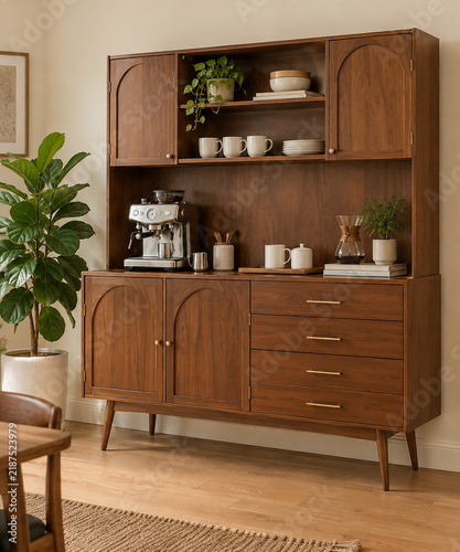 Modern Walnut Mid-Century Kitchen Hutch and Sideboard With Espresso Machine