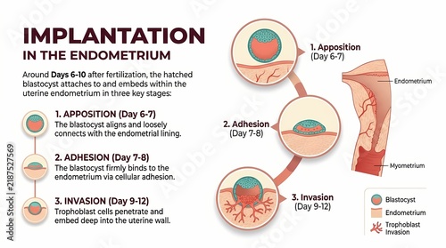 Medical Illustration of Human Blastocyst Implantation into Uterine Endometrium.