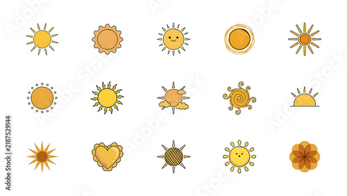 Various sun icons with different styles and smiling faces during daytime