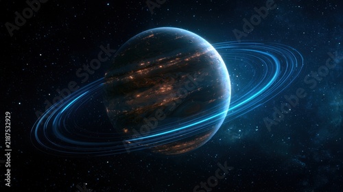 Detailed digital illustration of a glowing blue gas planet with bright rings in deep space surrounded by stars and cosmic dust in a dark galaxy background