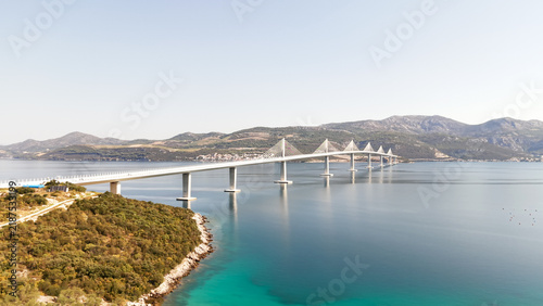 An aerial view of the impressive Peljesac Bridge, connecting mainland Croatia with the Peljesac Peninsula across the Adriatic Sea.