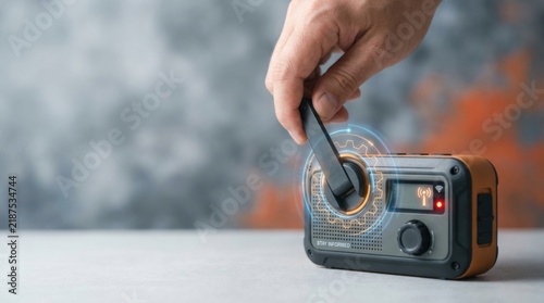Hand cranking a compact hand-crank radio for emergency communication resilience in times of crisis