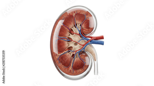 Human kidney anatomical cross section showing internal structure for medical education.