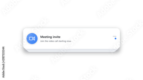 Meeting invite push notification popup, modern UI alert banner, flat design, transparent background