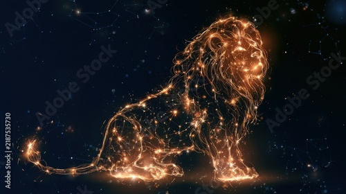Glowing digital lion made of golden light particles and lines with constellation background in futuristic cosmic style and dark space