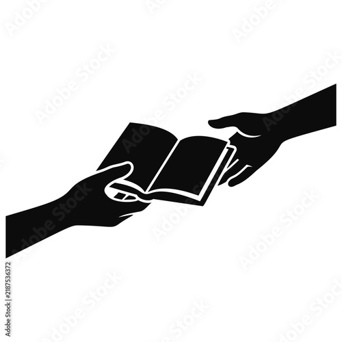 Two hands passing an open book to each other