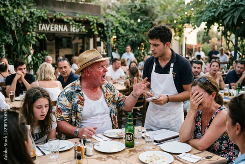 Angry male tourist shouting at a waiter in a Greek restaurant while his family feels embarrassed