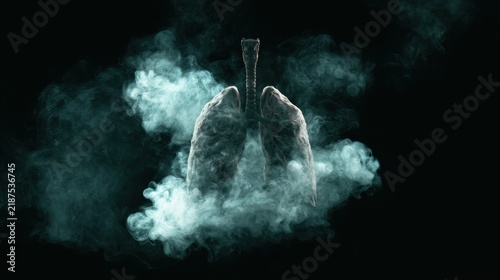 Dark artistic representation of human lung with white smoke swirling around on black background in eerie atmosphere