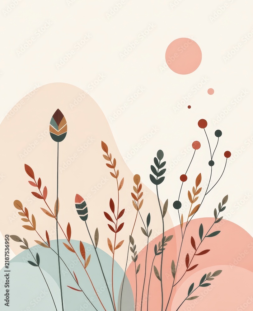 Obraz premium Abstract floral illustration with stylized leaves and circles