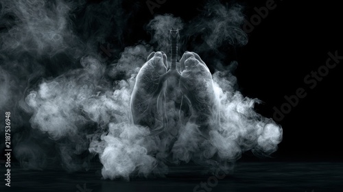 Realistic human lung shape formed by thick white smoke on black background symbolizing respiratory health and air pollution concept in dark setting