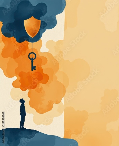 Silhouette of a child looking at large key with shield and smoke