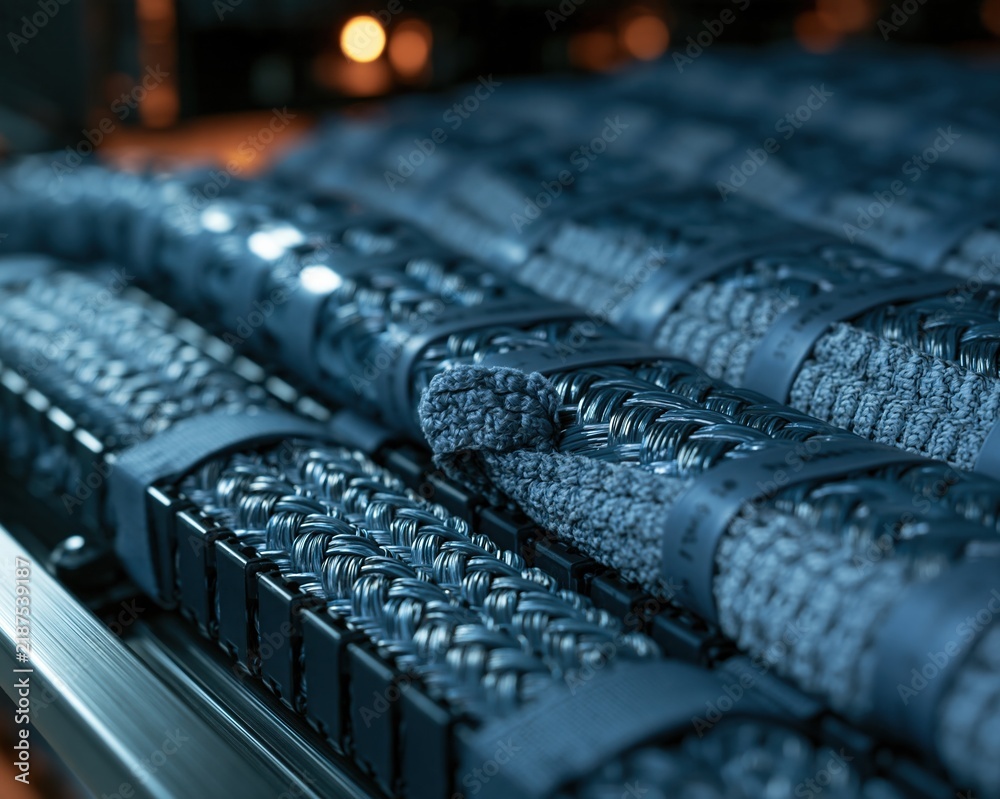 Fototapeta premium Agentic ai infrastructure featuring orderly parallel cable runs with braided sleeves and hook-and-loop ties for a technical background