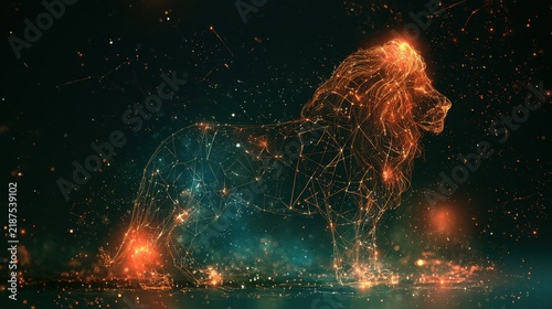 Glowing futuristic digital lion made of bright light particles and interconnected lines in dark space with sparkling cosmic effects