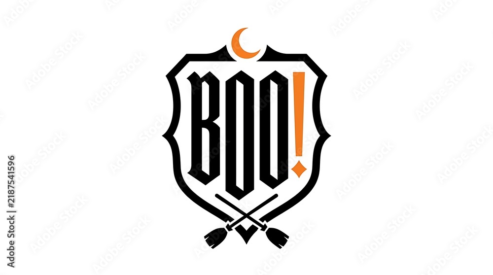 Fototapeta premium Halloween Boo typography emblem with a crescent moon and crossed broomsticks