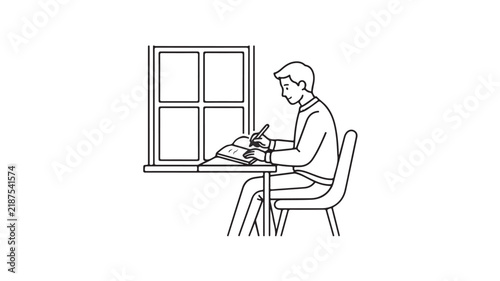Man writing in a notebook at desk by window outline vector illustration