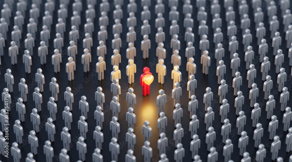 Fototapeta premium Red figure holding a glowing heart shape surrounded by a crowd of grey people
