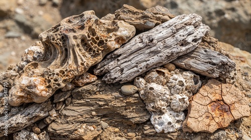Ancient fossilized coral and weathered driftwood on a rocky beach shore