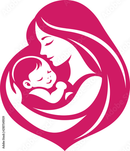 Mother hugging baby graphic vector symbol for family healthcare