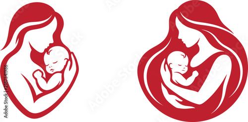 Mother and baby logo vector set with red heart embrace designs