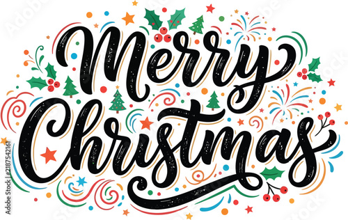 Merry Christmas typography vector design with colorful confetti