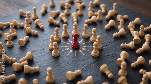 Red chess pawn surrounded by white pawns on dark stone board
