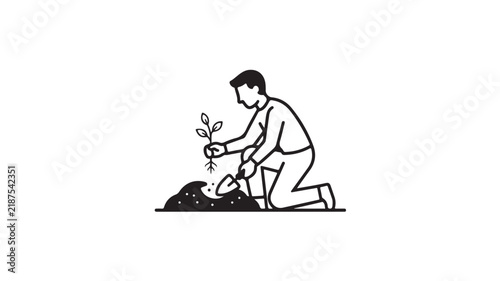 Man planting small seedling with trowel in outline vector illustration