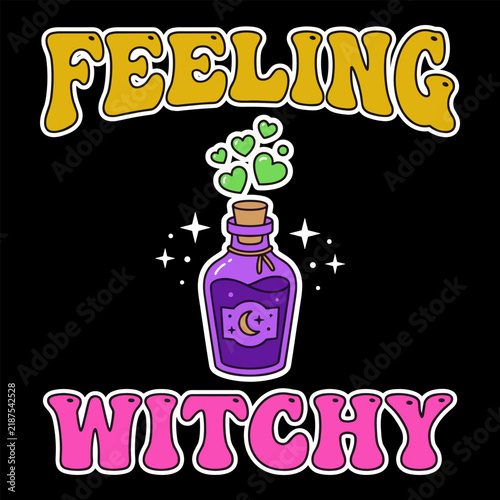 Magic potion bottle with heart bubbles and retro text for witchy halloween theme apparel design.