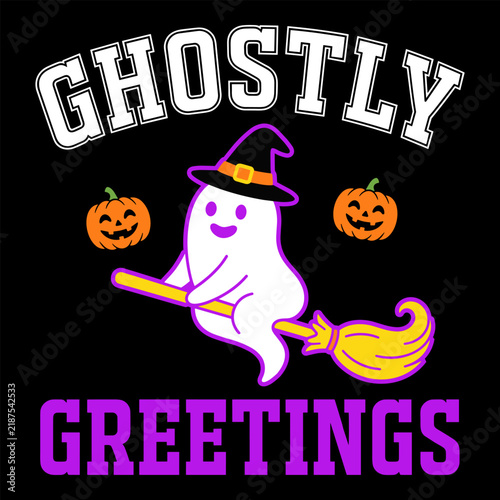 Ghost riding magic broomstick with smiling pumpkins and purple text for halloween greeting design.