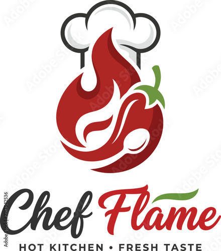 Chef flame hot kitchen fresh taste logo vector design
