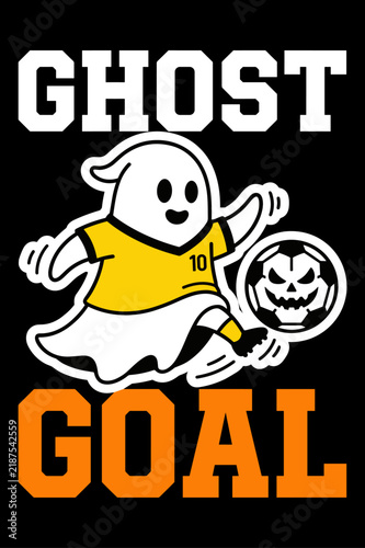 Ghost playing soccer and scoring goal with spooky soccer ball for halloween sport celebration.